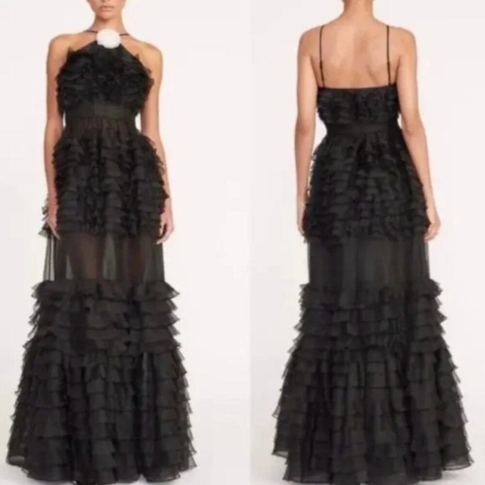 STAUD Black Sheer Tiered Ruffle Maxi Dress